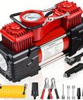 Red Beefy Dual Cylinder Tire Inflator Air Compressor 150 PSI 12V DC with accessories for trucks and RVs, front view