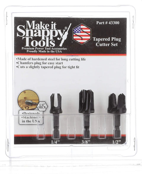 Front view of Three Piece Tapered Plug Cutter Set For Woodworking, Includes 1/4, 3/8, And 1/2 Inch Cutters, Hardened Steel For Long Life