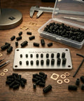 105 Piece Screws Set With Hex Wrenches, M3 M4 M5 M6 M8 Size Range, organized screws and hex wrench on a wooden table