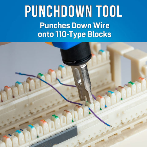 Punchdown tool in action from Worksite Ready VDV Installation Tool Kit For Cat5, Cat5e, And Cat6 Cabling, pressing wire into block.