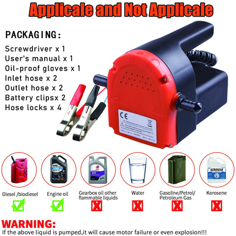 12V 100W Oil Change Pump Extractor with battery clips, dual hoses, and usage instructions for marine boats, cars, and more
