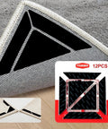 12 Pack Rug Gripper Tape Set on carpet showcasing non-slip double-sided pads for hardwood floors, prevents curling and bunching.