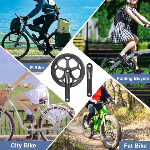 Crankset 170mm 48T Square Taper Aluminum Arm Ride Ready Universal Fit For City Fat EBikes And Folding Bikes 6 7 8 Speed Compatible Includes Chainring And Accessories shown with various bikes.