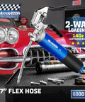 Pro Grade Pistol Grip Grease Gun With Extra Long 27 Inch Reinforced Flex Hose For Deep Reach And Tight Spaces Heavy Duty Lubrication Tool Built For Pros And Weekend Warriors shown with accessories on a garage workbench.