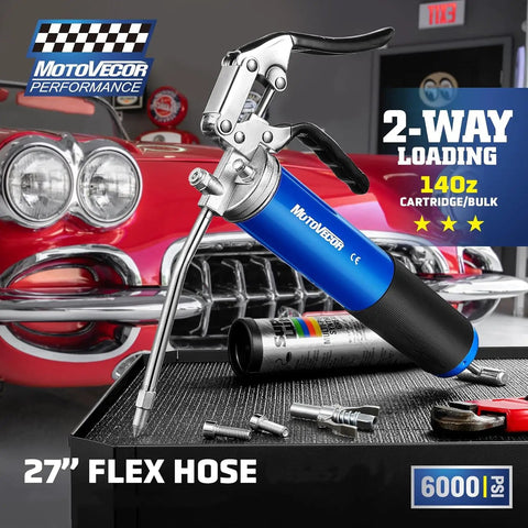 Pro Grade Pistol Grip Grease Gun With Extra Long 27 Inch Reinforced Flex Hose For Deep Reach And Tight Spaces Heavy Duty Lubrication Tool Built For Pros And Weekend Warriors shown with accessories on a garage workbench.
