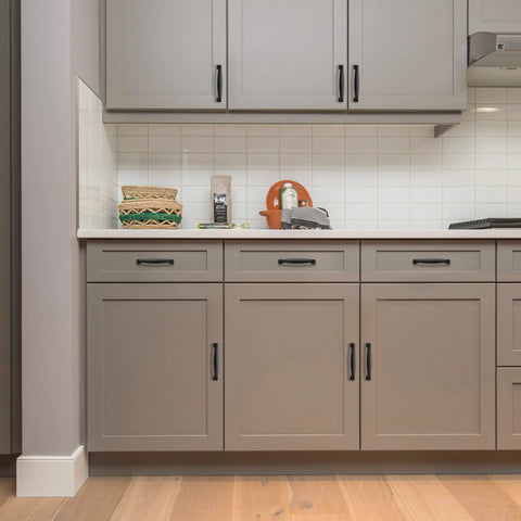 Installed 20 Pack Solid Matte Black Cabinet Pulls For Kitchen Cabinets And Drawers Center To Center 3-3/4 Inch on modern grey cabinets