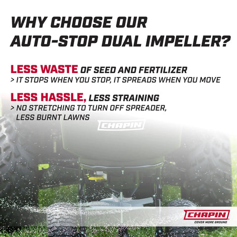 Close-up of Tow-Behind Broadcast Spreader For Seed And Fertilizer, 150 Lb Capacity, Auto-Stop Dual Impeller feature explanation.