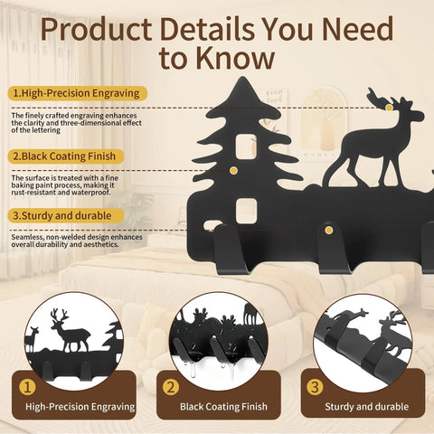 Chic Deer Wall Hook Rack With Seven Smooth Hooks And Double Adhesive Screw Mount For Kitchen Bathroom Storage Waterproof Black Metal Build showing high-precision engraving.