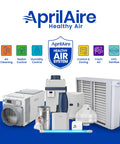 AprilAire air purifiers and components with controls and icons including air cleaning, radon, humidity, and UVC sanitation features.