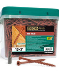 3 Inch Epoxy Coated Exterior Wood And Fence Screws Size 10 By 3 Torx Drive Self Drilling Point Coarse Thread Outdoor Rust Resistant Decking Screws Red 25 Lb Box 1550 Pieces Tough As Nails displayed in a plastic container with a green lid, including a bit.