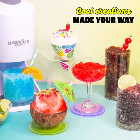 Electric Shaved Ice Machine Kit With Bold Syrup Blends And Twenty Slurp Season Cups for colorful snow cones and slushies.