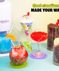 Sturdy Electric Shaved Ice Machine And Sno Cone Maker For Home That Cracks Cubes Into Powdered Snow with colorful drinks and desserts.