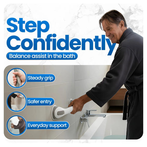 Man using suction cup grab bar for bathtubs and showers no tool install portable safety handle in white and gray 16 inch length