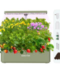 Indoor Hydroponics System with LED light showcasing 12 pods of herbs and vegetables, included accessories to the side.