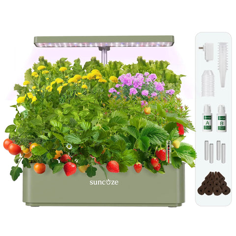 Indoor Hydroponics System with LED light showcasing 12 pods of herbs and vegetables, included accessories to the side.