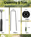 Garden stake staples kit with rubber mallet, U-shaped staples, washers, and pick hook with dimensions shown.