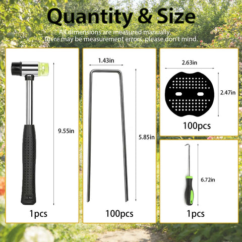 Garden stake staples kit with rubber mallet, U-shaped staples, washers, and pick hook with dimensions shown.