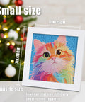 Diamond Art Kit For Kids Ages 8 To 12 6x6 Canvas With 7x7 Frame featuring a colorful cat design next to a decorated Christmas tree.