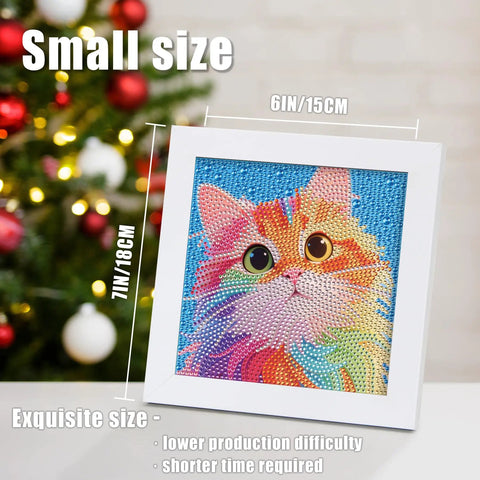Diamond Art Kit For Kids Ages 8 To 12 6x6 Canvas With 7x7 Frame featuring a colorful cat design next to a decorated Christmas tree.