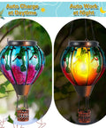 2 Pcs Glass Hot Air Balloon Solar Lanterns With Flickering Flame Hummingbird Design For Outdoor Garden Decor, day and night view