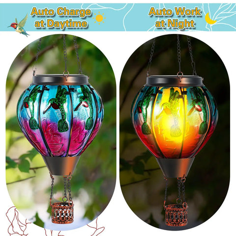 2 Pcs Glass Hot Air Balloon Solar Lanterns With Flickering Flame Hummingbird Design For Outdoor Garden Decor, day and night view