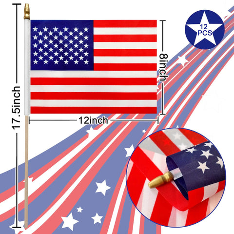 12 Pcs 8x12 Inch American Flags On Wooden Sticks 17.5 Inch Tall Outdoor Handheld Flags Dual Sided Vivid Polyester