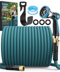 Front view of FlexiSolve non-expandable garden hose, 150 ft, turquoise with 10-pattern nozzle and shut-off valve.