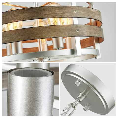 5 Light Metal Drum Chandelier With Wood Grain Shade, nickel finish, close-up on bulb fittings and chain components, E26 base.