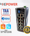 Eight-Port Industrial Gigabit PoE Switch Built For Solar Installs Tough As Nails With 12V-48V DC Input, front view