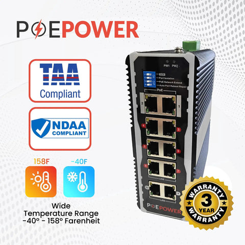 Eight-Port Industrial Gigabit PoE Switch Built For Solar Installs Tough As Nails With 12V-48V DC Input, front view