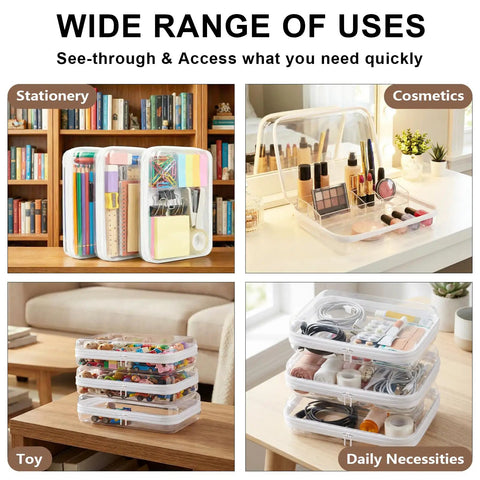 Must Have Clear Hard Shell Zipper Case Three Pack Large 9.84 Inches By 7.87 Inches By 2 Inches Waterproof Storage Pouches with stationery, cosmetics, toys, and daily items.