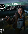 Woman hiking at dusk holding Hybrid Powered LED Flashlight With Solar And AA Battery Options, 600 lumens brightness