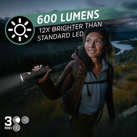 Woman hiking at dusk holding Hybrid Powered LED Flashlight With Solar And AA Battery Options, 600 lumens brightness