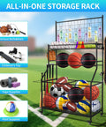 All In One Garage Gear Organizer With Rolling Cart Ball Rack Hooks Bins And Wire Basket Keeps Basketballs Baseball Gear And Toys Neatly Stored In Black featuring balls and hooks.