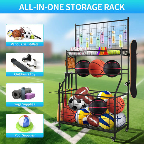 All In One Garage Gear Organizer With Rolling Cart Ball Rack Hooks Bins And Wire Basket Keeps Basketballs Baseball Gear And Toys Neatly Stored In Black featuring balls and hooks.