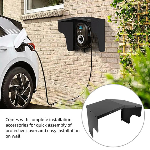 Badass Electric Vehicle Charger Cover Outdoor Protective Roof For Wall Boxes And Charging Piles Heavy Duty Carbon Steel Shield mounted on a wall above EV charger.