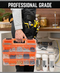 Person holding Double Sided 34 Compartment Parts Organizer With Removable Dividers 2 Pack Heavy Duty Storage Case