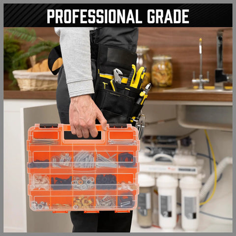 Person holding Double Sided 34 Compartment Parts Organizer With Removable Dividers 2 Pack Heavy Duty Storage Case