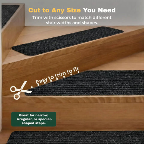 No Slip Carpet Stair Treads 8 By 30 Inches Pack Of 28 with Reusable Adhesive shown on wooden stairs