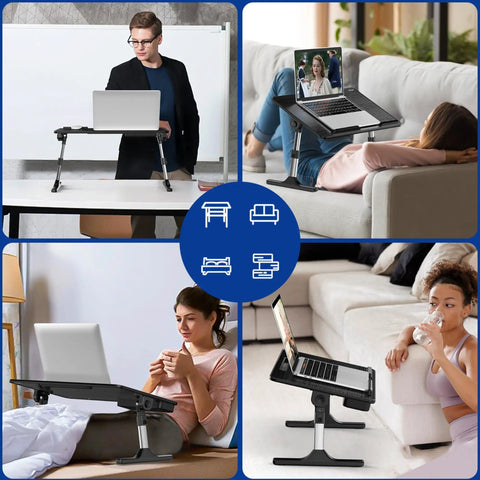 Adjustable Laptop Table With Built In Tablet Groove And Storage Drawer Portable Lap Desk And Foldable Sofa Tray, Medium Size Black, in use on couch and desks