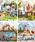 Standing Misters For Outdoor Cooling On The Go Adjustable Four Point One Foot Misting System With Four Spray Heads And Twenty Six Point Two Foot Hose in various settings: garden, camping, pool, and beach BBQ.