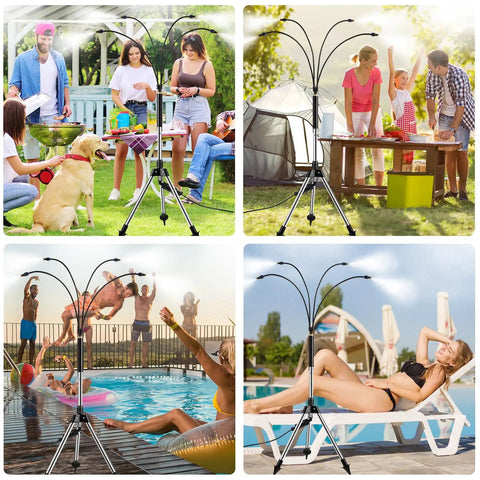 Standing Misters For Outdoor Cooling On The Go Adjustable Four Point One Foot Misting System With Four Spray Heads And Twenty Six Point Two Foot Hose in various settings: garden, camping, pool, and beach BBQ.