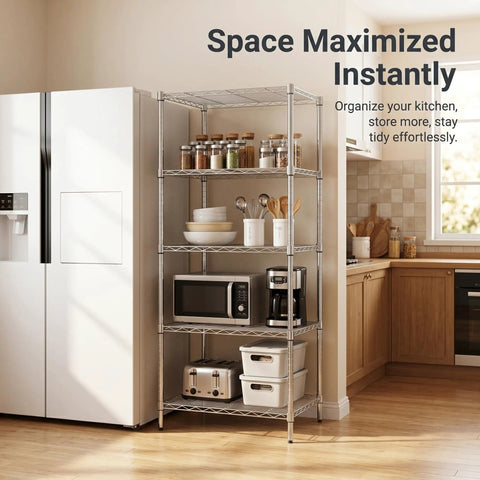 Built Like A Tank Heavy Duty Five Tier Wire Shelving Rack With Thick Steel Frame And Adjustable Chrome Pantry Shelves For Kitchen Laundry Home Storage Organization