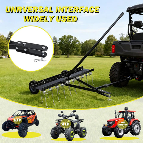 Tow Behind Dethatcher With 40 Inch Wide Working Surface And 20 Spring Steel Tines for Lawn Thatch Removal Compatible With ATVs And Mowers