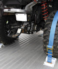 Built Tough To Keep Your Rig Locked Down With Heavy Duty E Track Wheel Chock Tie Down Kit Featuring Two 2 X 6 5 Foot Ratchet Straps And Four Powder Coated Chocks For Safely Hauling ATVs Or Mowers, showcasing secured ATV tires with blue straps and chocks.