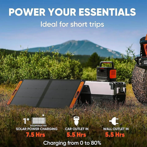100W Bifacial Portable Solar Panel For Explorer Power Stations and equipment in outdoor setting with grass and mountains