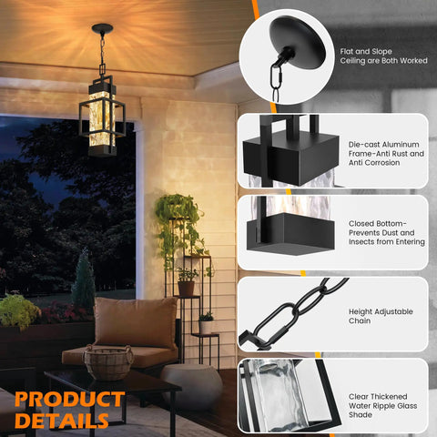 Built Like A Tank Modern Pendant Ceiling Light For Indoors Or Outdoors, Totally Waterproof Black Aluminum Porch Lantern Featuring Textured Water Ripple Glass, Includes Matching Bulb with adjustable chain