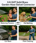 2 Pack Garden Hose Swivel Connector Three Quarter Inch GHT, 360 Degree Brass Hose Fittings to Stop Twists and Kinks, Rustproof and Durable Leak Free Watering Accessory for Lawn and Garden, used for watering flowers, pet bathing, car wash, floor cleaning