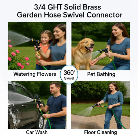 2 Pack Garden Hose Swivel Connector Three Quarter Inch GHT, 360 Degree Brass Hose Fittings to Stop Twists and Kinks, Rustproof and Durable Leak Free Watering Accessory for Lawn and Garden, used for watering flowers, pet bathing, car wash, floor cleaning
