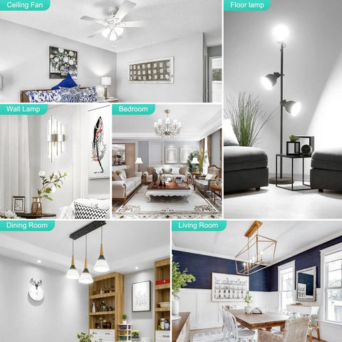 Various rooms showcasing different lighting fixtures like ceiling fans and chandeliers, ideal for Bright Daylight LED Candelabra Bulbs.